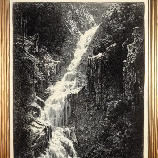Prompt: waterfall scene, gustave dore lithography