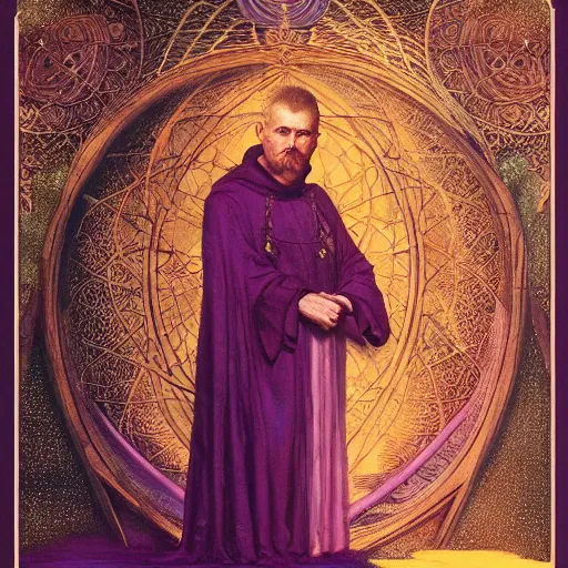 Prompt: middle aged man, in dark purple robes, occult , Tom bagshaw, sam spratt, Gustav Klimt, intricate, dark colors, art nouveau