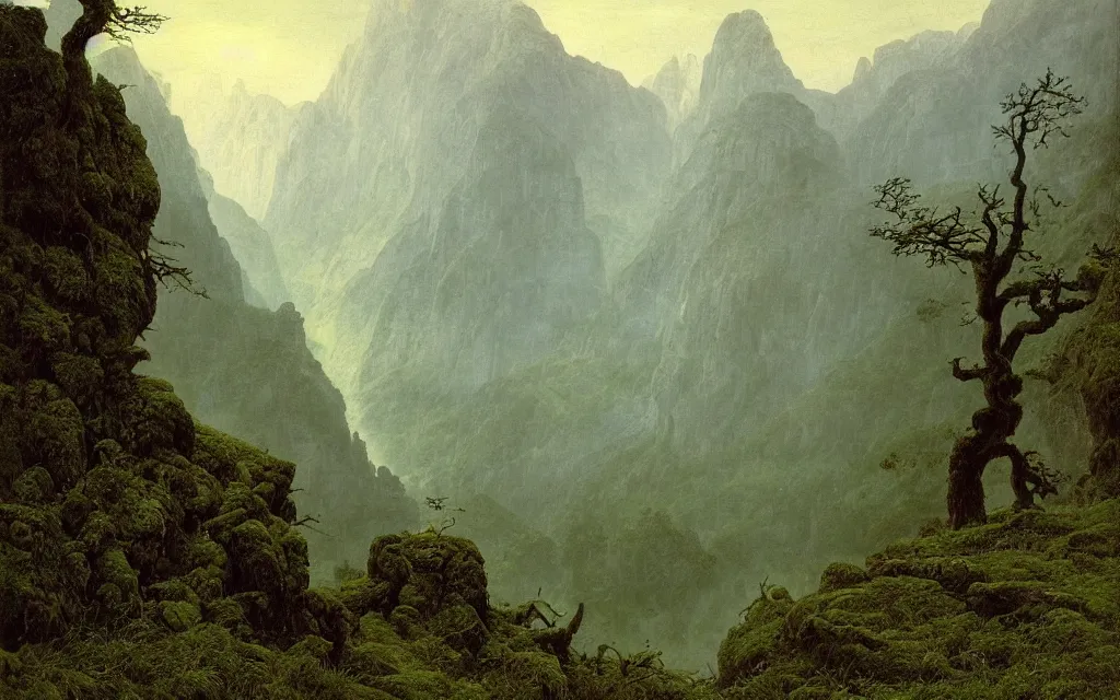 Prompt: valley of berchtesgaden, a gnarly old oak in a shroud of mist and ruins, covered by moss, by caspar david friedrich