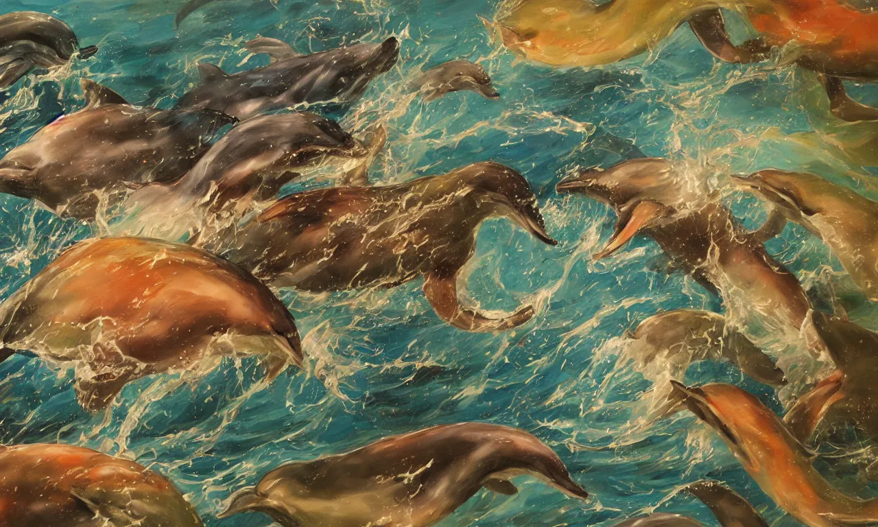 Prompt: painting of splashing water, dolphins, representation with abstraction, frenetic oil painting, values as flat shapes, pastel colors,