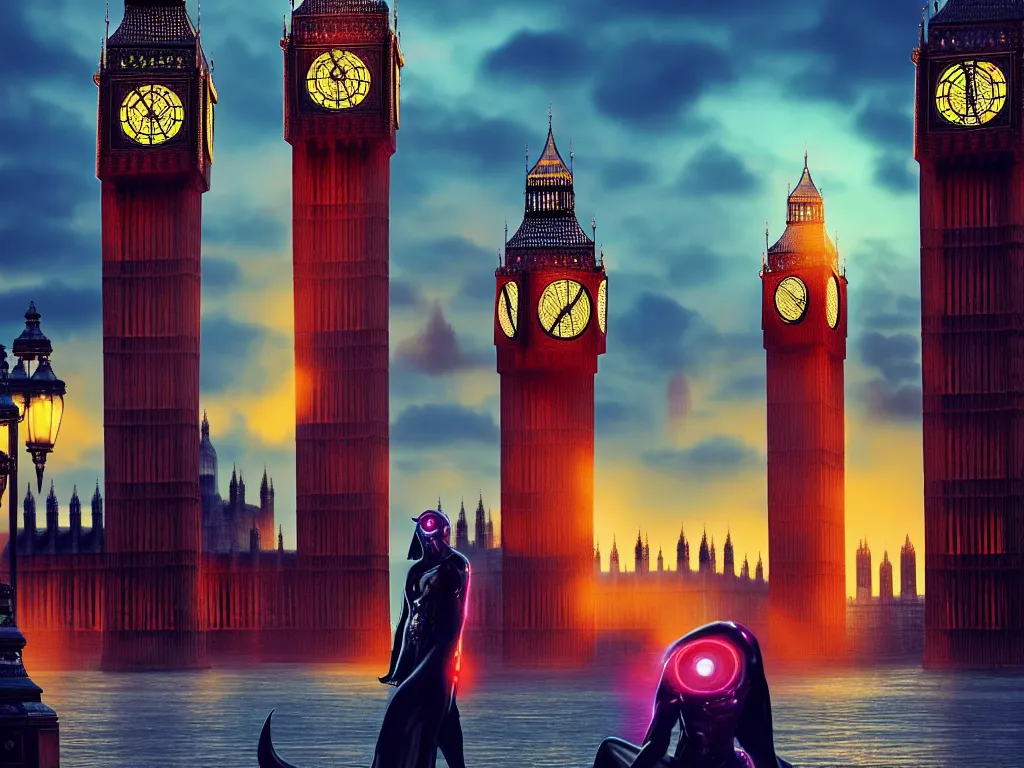 Image similar to an ancient beautiful cyborg of the elder gods in the city of London, a giant beautiful cyborg with glowing eyes in London with Big Ben in the background, westminster, colourful, dramatic lighting, golden hour, very detailed octane render very realistic beautiful