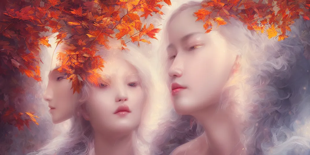 Image similar to breathtaking detailed concept art painting art deco pattern of blonde goddesses faces amalgamation autumn leaves, by hsiao - ron cheng and volegov, bizarre compositions, exquisite detail, extremely moody lighting, 8 k