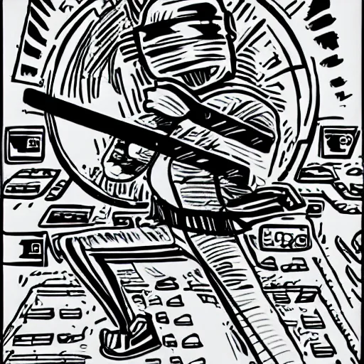 Image similar to 90s retro line drawing of a ninja with synthesizers