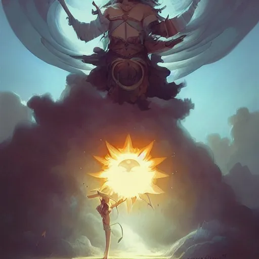 Image similar to The king of the sun by Peter Mohrbacher:5 Trending on Artstation:5