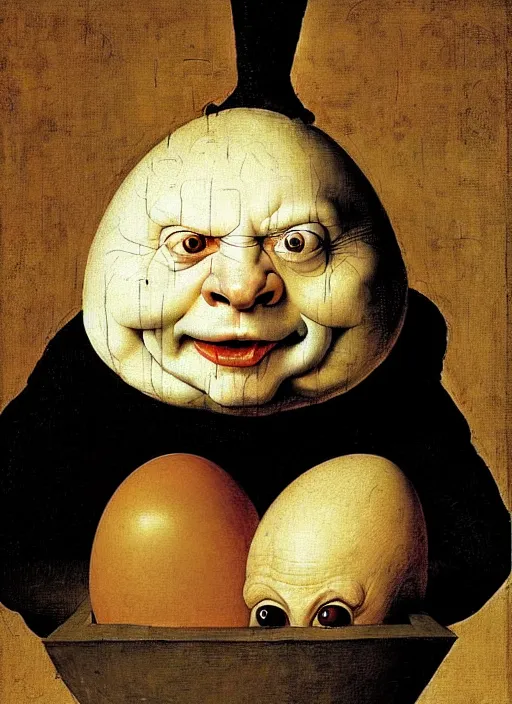 Prompt: portrait of an egg with humpty dumpty silly facial expressions, realistic, by hieronymus bosch, pieter brueghel, greg rutkowski