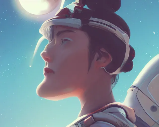 Prompt: young woman flying in space sharp focus, illustration, highly detailed, concept art, matte, trending on artstation, anime, art by tim biskup