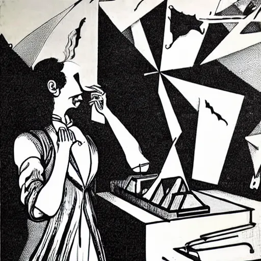 Image similar to the somnambulist from the cabinet of dr. caligari playing a large moog modular synthesizer, style of aubrey beardsley!!