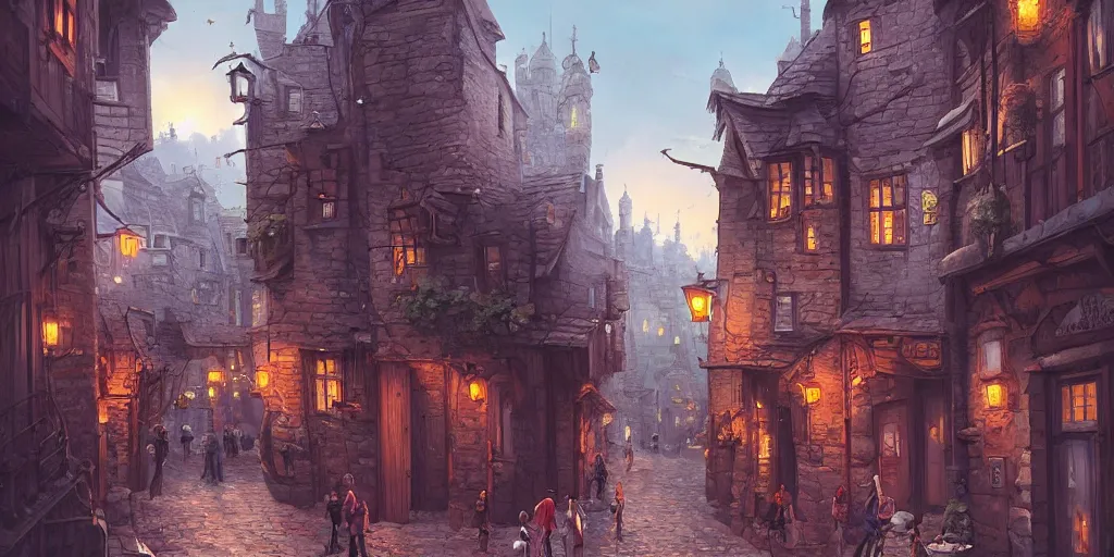 Prompt: a busy fantasy street within a fascinating old city, quirky shops, narrow streets, old buildings, cobblestones, stone steps, street life, by Sylvain Sarrailh, cinematic, simple but effective composition, clean lines, beautiful digital painting, oil painting, detailed, dungeons and dragons, lord of the rings