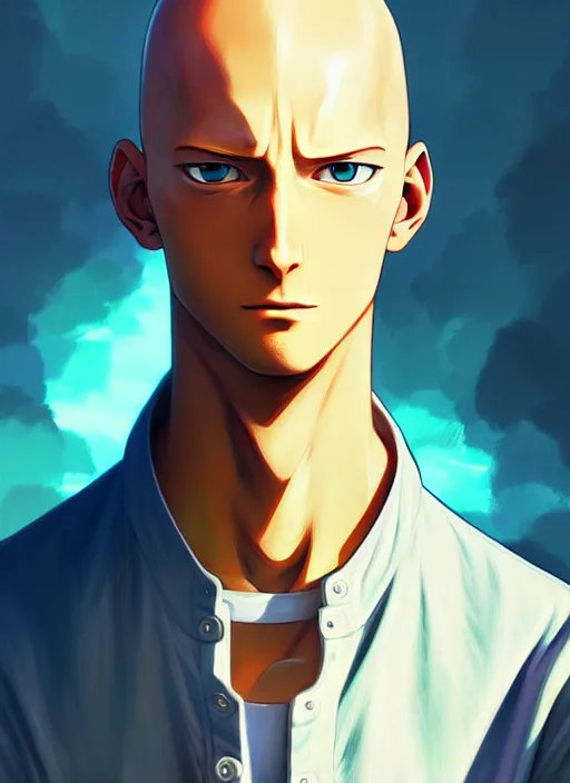 Image similar to handsome saitama, avatar ang, half body shot, path traced, highly detailed, high quality, digital painting, alena aenami, lilia alvarado, shinji aramaki, karol bak, alphonse mucha, tom bagshaw