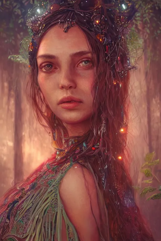Prompt: portrait of bohemian girl in the jungle of tulum mexico, staring directly into camera, intricate, elegant, glowing lights, highly detailed, digital painting, artstation, sharp focus, illustration, art by wlop, mars ravelo and greg rutkowski