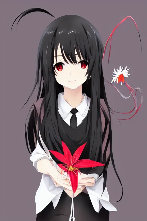 Image similar to Key anime visual of a beautiful girl with black hair and red eyes holding a spider lily; wearing white blouse with black tie; trending on Pixiv; digital art