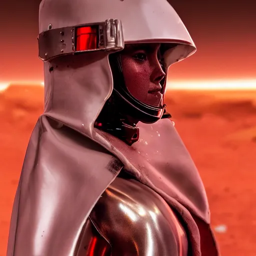 Image similar to a young female soldier wearing blood-spattered glossy sleek white dinged scuffed armor and a long torn red cape, heroic posture, determined expression, elegant, no helmet, on the surface of mars, dramatic lighting, cinematic, sci-fi, hyperrealistic, detailed