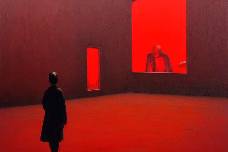 Image similar to only with red, crowd delirious at the sight of a painting, in a city square, in the style of beksinski, parts by edward hopper, parts by rodcenko, parts by yue minjun, intricate and epic composition, red by caravaggio, insanely quality, highly detailed, masterpiece, red light, artstation, 4 k