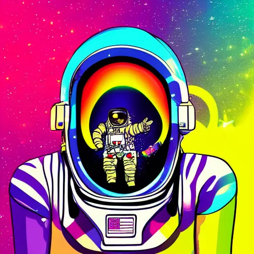 Image similar to Medium shot of an astronaut floating in space designed by Lisa Frank, digital art, cartoon art, acrylic, bokeh, synthwave, retro,