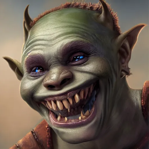 Image similar to a detailed portrait of a cute child orc boy smiling, fantasy art illustration, incredibly highly detailed and realistic, 8 k, sharp focus