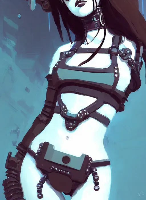 Image similar to portrait of cute goth girl in cyber bikini armor, warhammer, cyberpunk, by atey ghailan, by greg rutkowski, by greg tocchini, by james gilleard, by joe fenton, by kaethe butcher, dynamic lighting, gradient light blue, brown, blonde cream and white color in scheme, grunge aesthetic