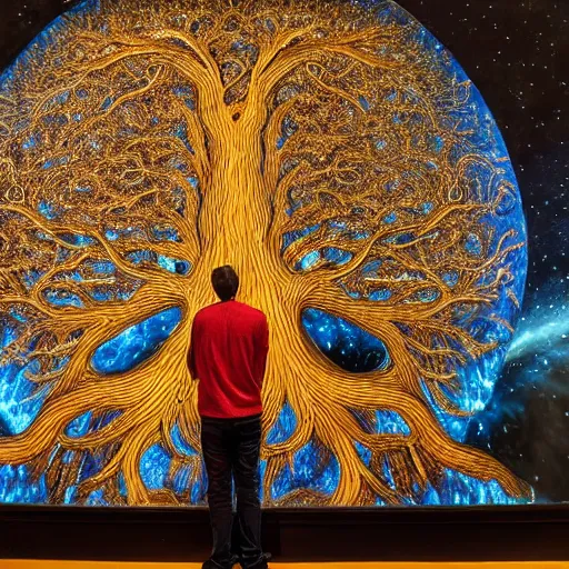 Image similar to a human man standing next to a cosmic tree, a sense of awe, amazement, monogon, plasma display, wooden, damascus, multiscopy, morph, in a symbolic and meaningful style, insanely detailed and intricate, hypermaximalist, elegant, ornate, hyper realistic, super detailed