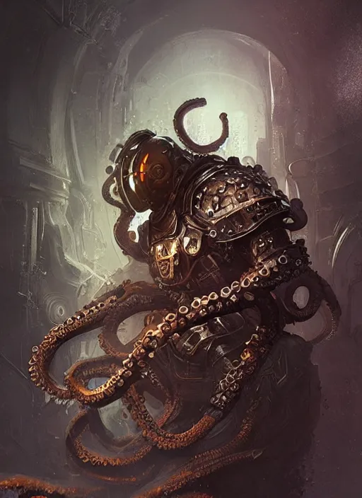 Image similar to An octopus wearing medieval knights armor but at the same time looking cyberpunk, intricate, elegant, digital painting, concept art, smooth, sharp focus, illustration, from StarCraft by Ruan Jia and Mandy Jurgens and Artgerm and William-Adolphe Bouguerea