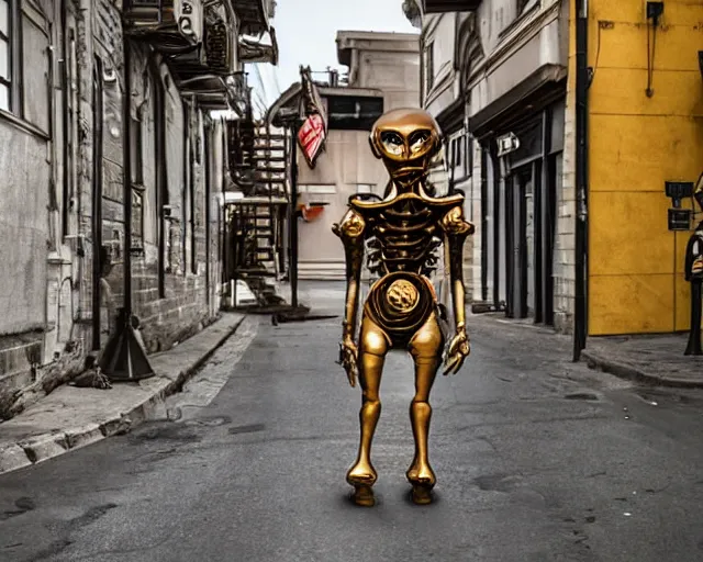 Prompt: a humanoid alien walking along a steampunk city street