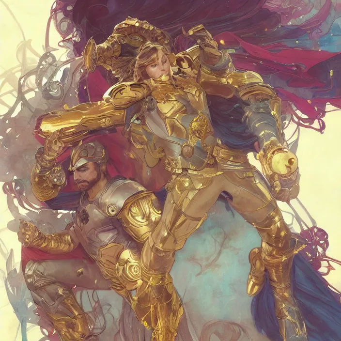 Prompt: gatot kaca as super heroes, closed up portrait, highly detailed, gold filigree, fantasy, soft cinematic lighting, award, disney concept art, watercolor illustration by mandy jurgens and alphonse mucha and alena aenami, pastel color palette, featured on artstation