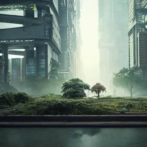 Image similar to beautiful nature reclaiming a dystopian city, cyberpunk, sharp focus, dynamic lights, still, photograph, hyper realistic, masterpiece, octane render, rendered, 3 d, cinematic, cinematic lighting, dramatic lighting, highly detailed, intricate details, texture, cinematic composition, wide shot, by donglu yu and kevin jick and eddie del rio