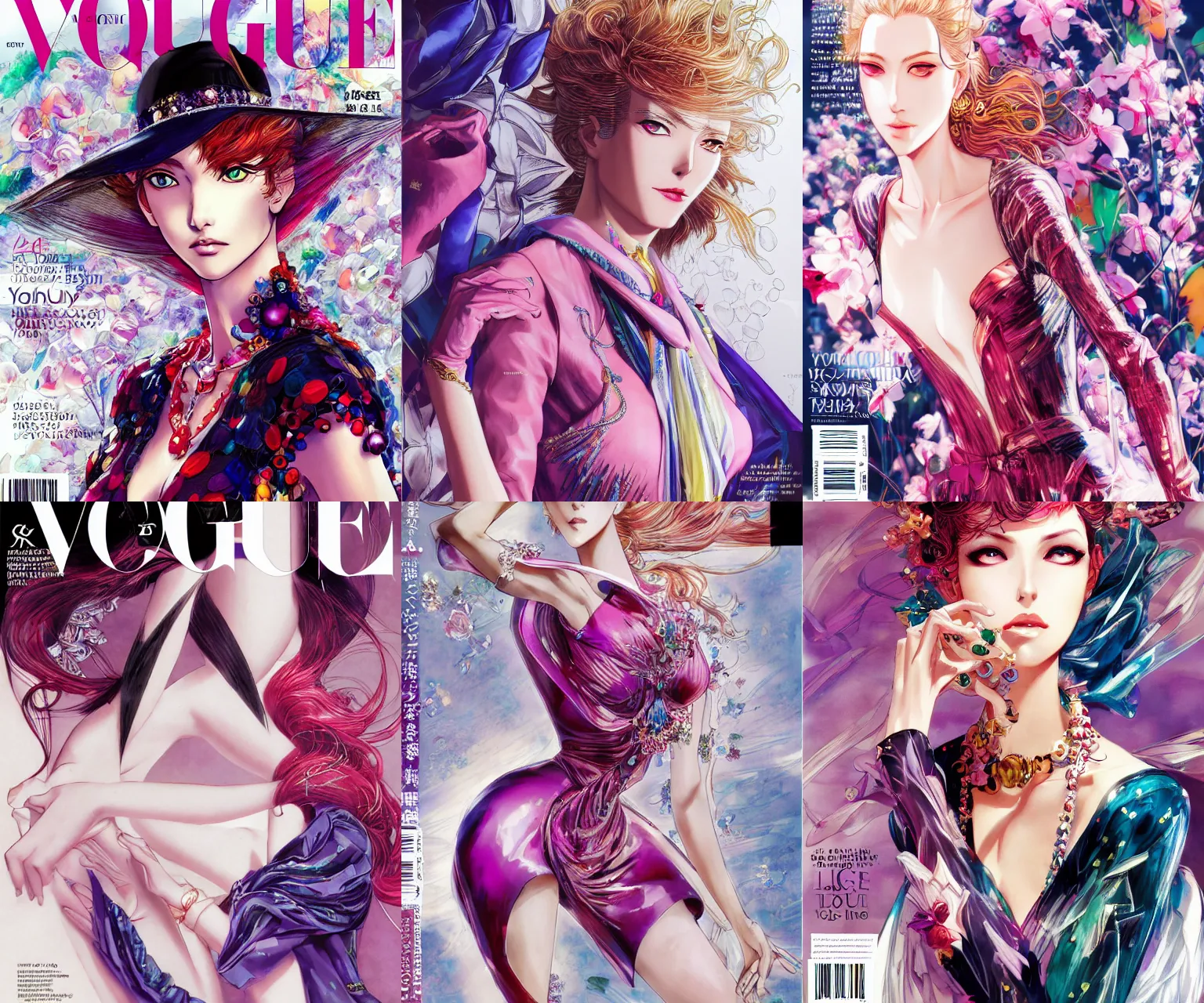 Prompt: long shot of a woman, beautiful, elegant, fashion, colorful, artstation, trending, highly detailed, focus, smooth, fashion magazine cover, vogue, posing, by hirohiko araki and yoshitaka amano