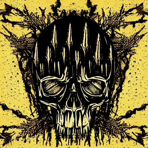 Image similar to dark death metal themed vector illustration for a record label, trees. forest, spikes, skull, microphone, skull, award winning, grunge, iconic, golden ratio