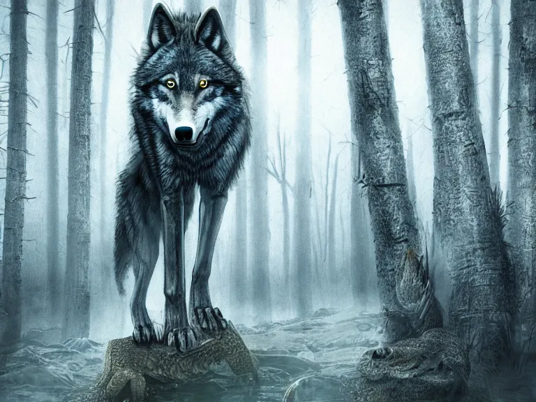 Prompt: A wolf with features of a crocodile, moody lighting, yellowish full moon, pinewood forest, realistic, photorealistic art done in photoshop