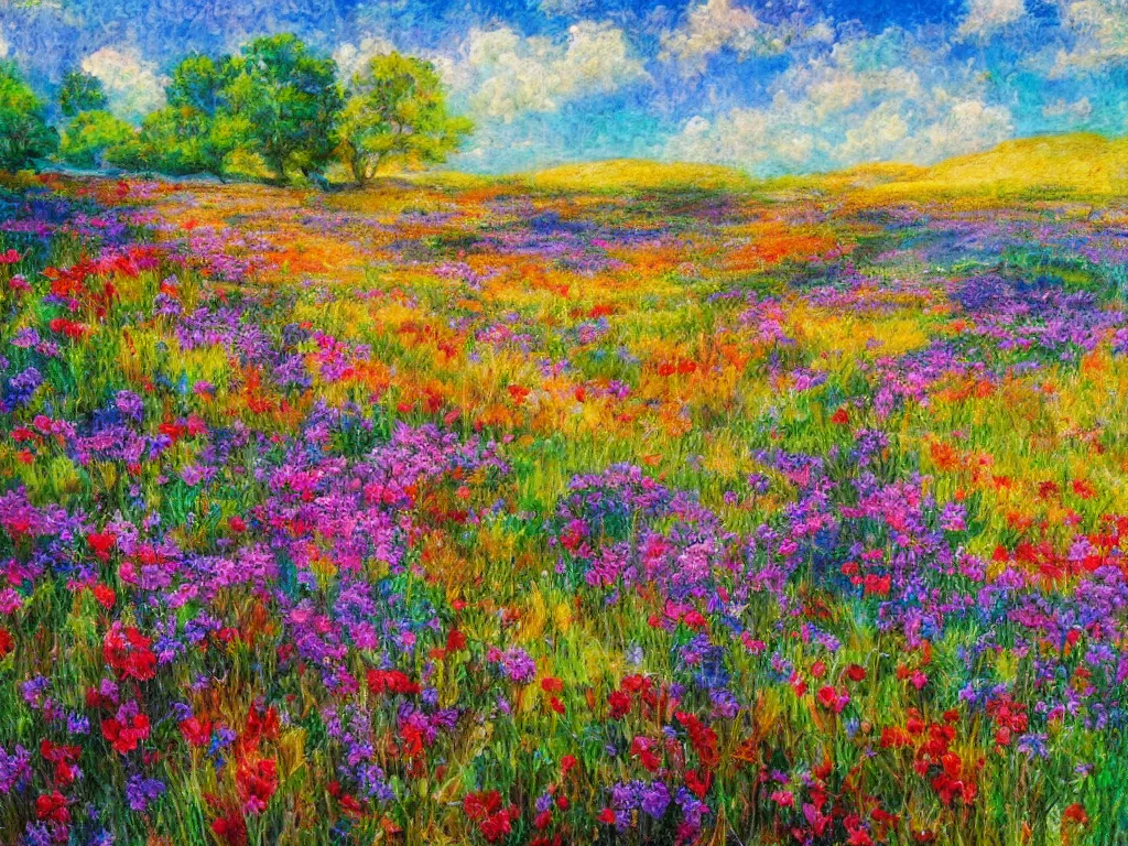 Image similar to an impressionist painting of a gorgeous meadow filled with colorful mushrooms with a stream flowing through it, psychedelic colors, colorful sky in background, high detail, trending on artstation