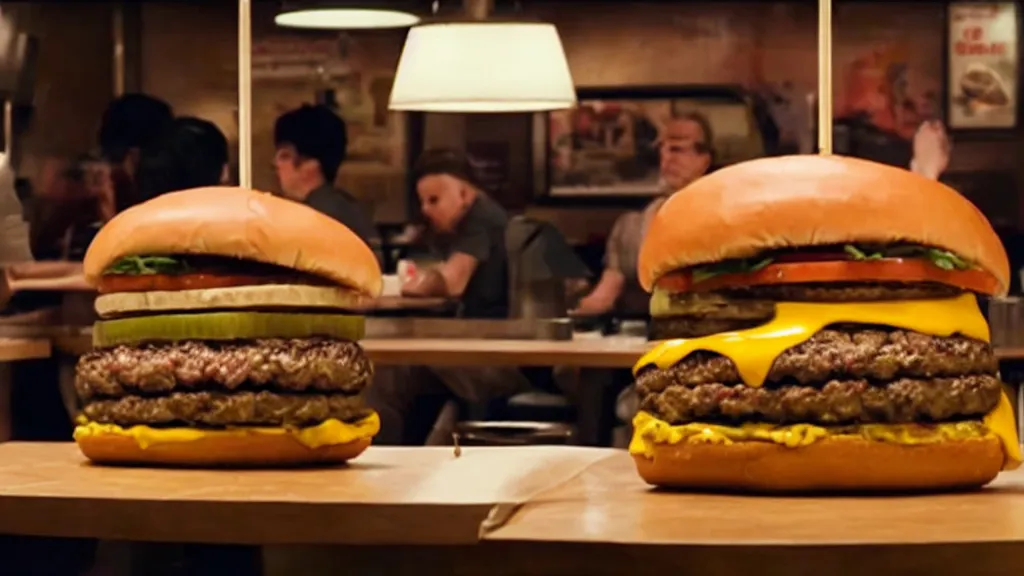 Image similar to the giant cheeseburger at the fast food place, film still from the movie directed by denis villeneuve and david cronenberg with art direction by salvador dali, wide lens