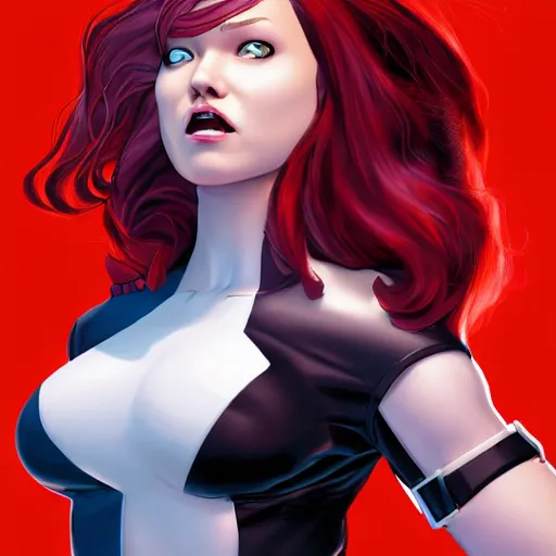 Prompt: Rogue x-men marvel, Lilo Reinhart, smile, long red hair, white streak in hair, realistic character concept, full body shot, cute fun pose, comic book, illustration, symmetrical face and body, artstation, cinematic lighting, hyperdetailed, cgsociety, 8k, high resolution, Charlie Bowater, Tom Bagshaw, single face, insanely detailed and intricate, beautiful