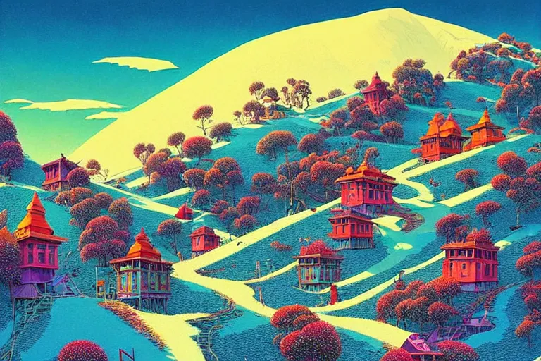 Image similar to surreal glimpse into other universe, himalaya with snow ice cream, summer morning, very coherent and colorful high contrast, art by!!!! gediminas pranckevicius!!!!, geof darrow, floralpunk screen printing woodblock, dark shadows, hard lighting, stipple brush technique,