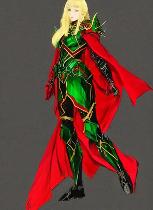 Image similar to Full body portrait of a beautiful young blonde short haired elven princess wearing red, green and gold armour robe. In style of Yoji Shinkawa and Hyung-tae Kim, trending on ArtStation, dark fantasy, great composition, concept art, highly detailed.
