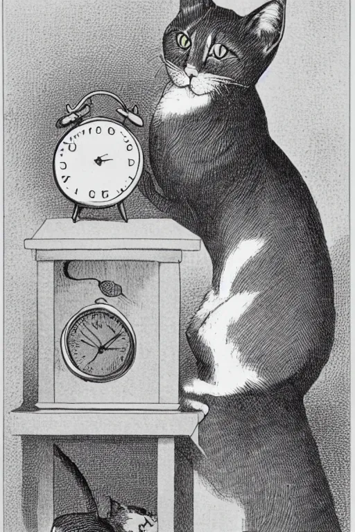 Prompt: cat holding an alarm clock, lithograph image from old textbook