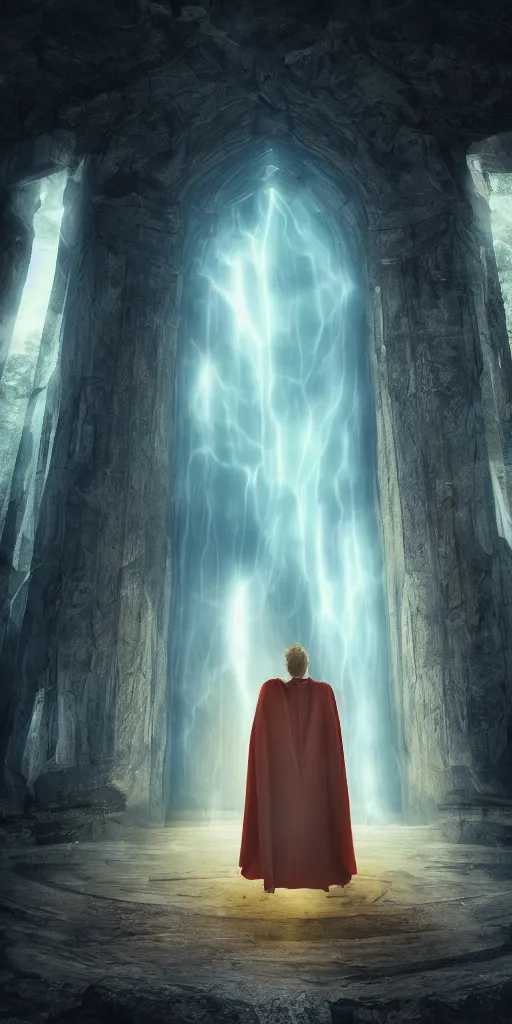 Image similar to a wizard in a cloak standing in front of an ancient portal to wisdom, tall door, high ceiling, magic light, light beam, cinematic atmosphere, high definition, ultra detailed