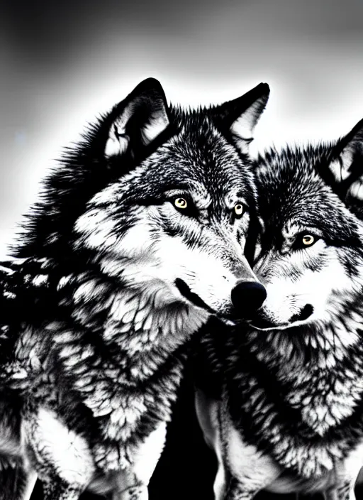 Image similar to two wolves black and white portrait white sky in background