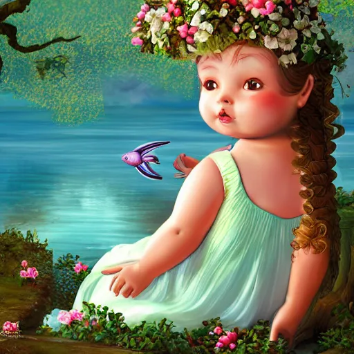 Prompt: spectacular scene of a little fat sweet girl with flowery dress, sitting on a curly branch, by the beautiful lake and hugging a colorful fish. clear beautiful fat face. morning time. an amazingly beautiful scene. beautiful lighting, 4 k post - processing, trending in art station, cg society, highly detailed, 5 k extremely detailed, 3 d. stylize scene.
