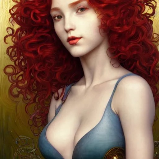 Image similar to Piranha Plantette Super Crown Girl with red curly hair drawn by Donato Giancola and Tom Bagshaw, face by Artgerm, overall design by Alphonse Mucha, background by James Jean and Gustav Klimt, light by Julie Bell, 4k, porcelain skin, komorebi, french nouveau, trending on artstation, octane render, hyperrealistic