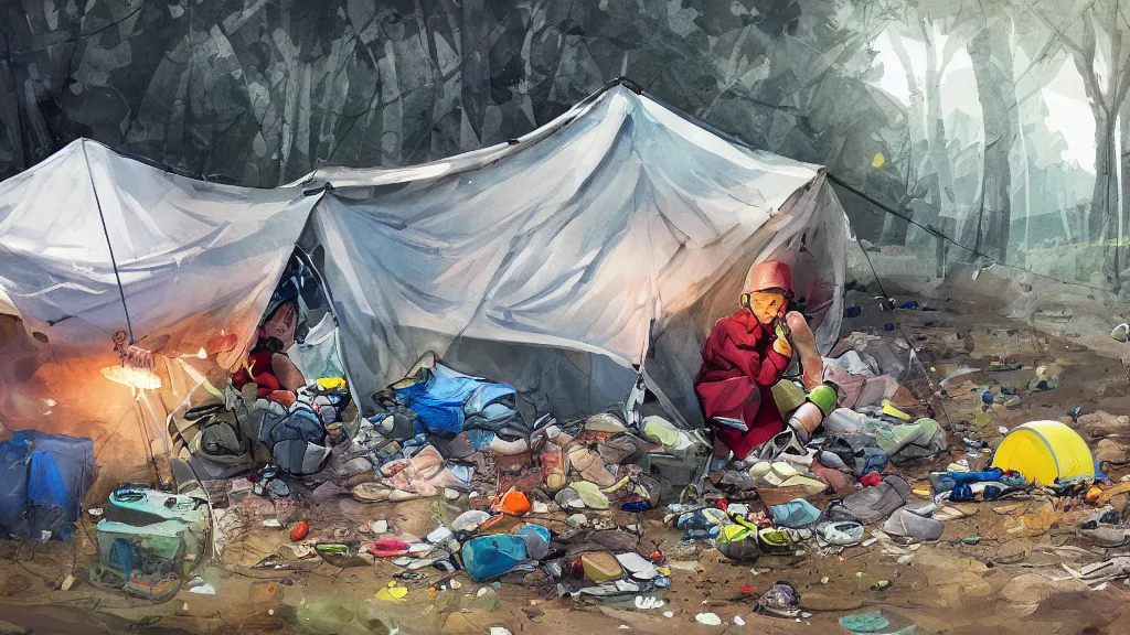 Image similar to an illustration of a messy camping tent, with a kid sitting in the corner, waste everywhere, high contrast, highly detailed, sharp focus, digital painting, illustration, trending on artstation,