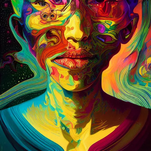 Image similar to An extremely psychedelic experience, colorful, surreal, dramatic lighting, cosmonaut, LSD, face, detailed, intricate, elegant, highly detailed, digital painting, artstation, concept art, smooth, sharp focus, illustration, art by Sam Spratt, Dan Mumford, Artem Demura and Alphonse Mucha