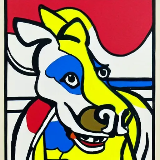 Prompt: Painting by Roy Lichtenstein of a german shepherd riding a horse 8k