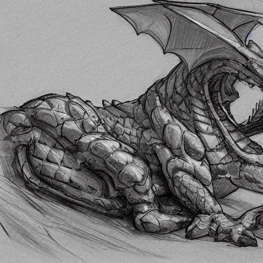 Image similar to sketch of a dragon resting on a hill, detailed, artstation, old