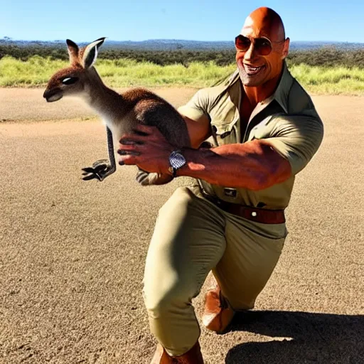 Image similar to kangaroo dwayne johnson, wearing a safari outfit