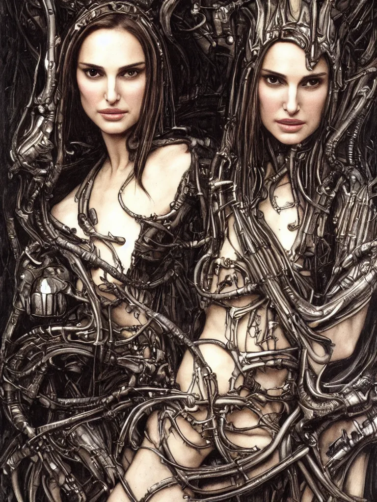 Image similar to a beautiful portrait of natalie portman with a xenomorph queen by h.r. giger and by arthur rackham and by john william waterhouse, detailed, proportional, trending on art station, 4k