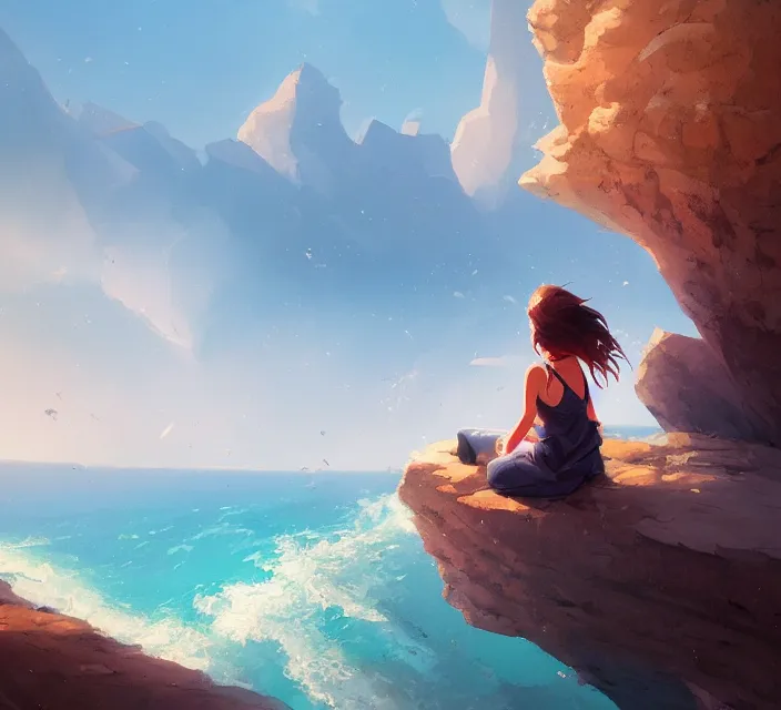 Prompt: a girl sitting on a cliffside overlooking the beach, blue waters, ripples, waves, reflections, details, sharp focus, illustration, by Jordan Grimmer and greg rutkowski, Trending artstation, pixiv, digital art