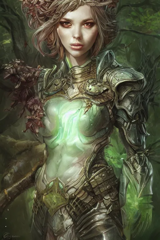 Image similar to dryad in armor in the forest, d & d, fantasy, portrait, highly detailed, headshot, digital painting, trending on artstation, concept art, sharp focus, illustration, art by artgerm and greg rutkowski and magali villeneuve