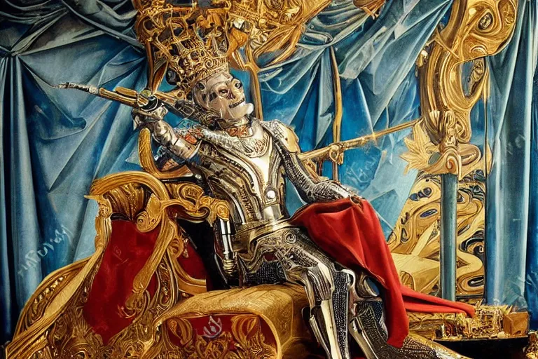 Prompt: beautifully painted mural of a cyborg king in ornate royal metallic fabric sitting in his royal throne room, piercing glowing eyes, sci fi scenery, fantasy setting, vogue cover poses, mural in the style of sandro botticelli, caravaggio, albrecth durer