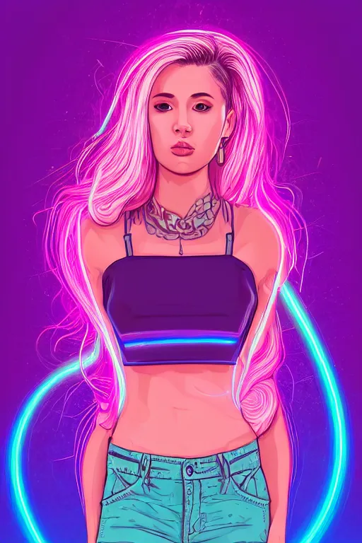 Image similar to a award winning half body portrait of a beautiful woman in a croptop and cargo pants with ombre purple pink teal hairstyle surrounded by whirling illuminated lines, outrun, vaporware, shaded flat illustration, digital art, trending on artstation, highly detailed, fine detail, intricate