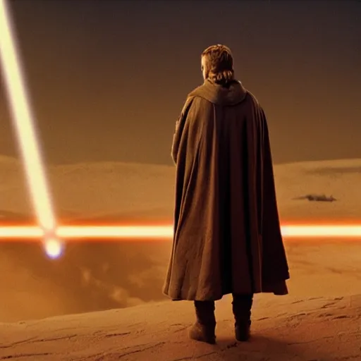 Image similar to ryan gosling as Obi-Wan kenobi standing on mustafar star wars revenge of the sith movie still medium shot 65mm
