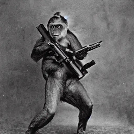 Image similar to old photo world war, a monkey wearing a helmet armed with a rifle, detailed